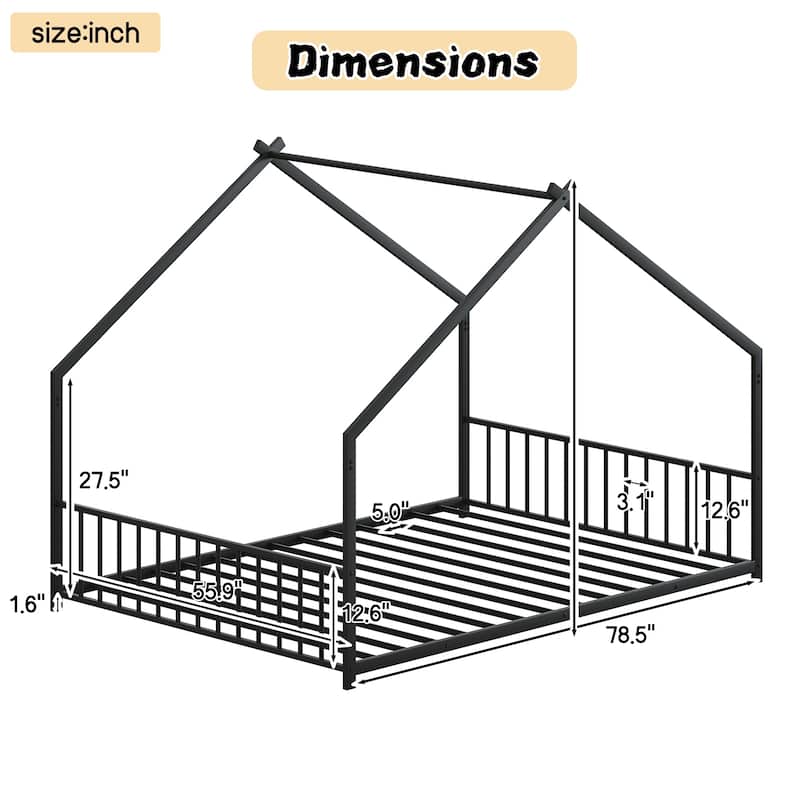 Full Size Children'S Bed Frame With Led Light Strips,Roof-Shaped Iron Frame Bed