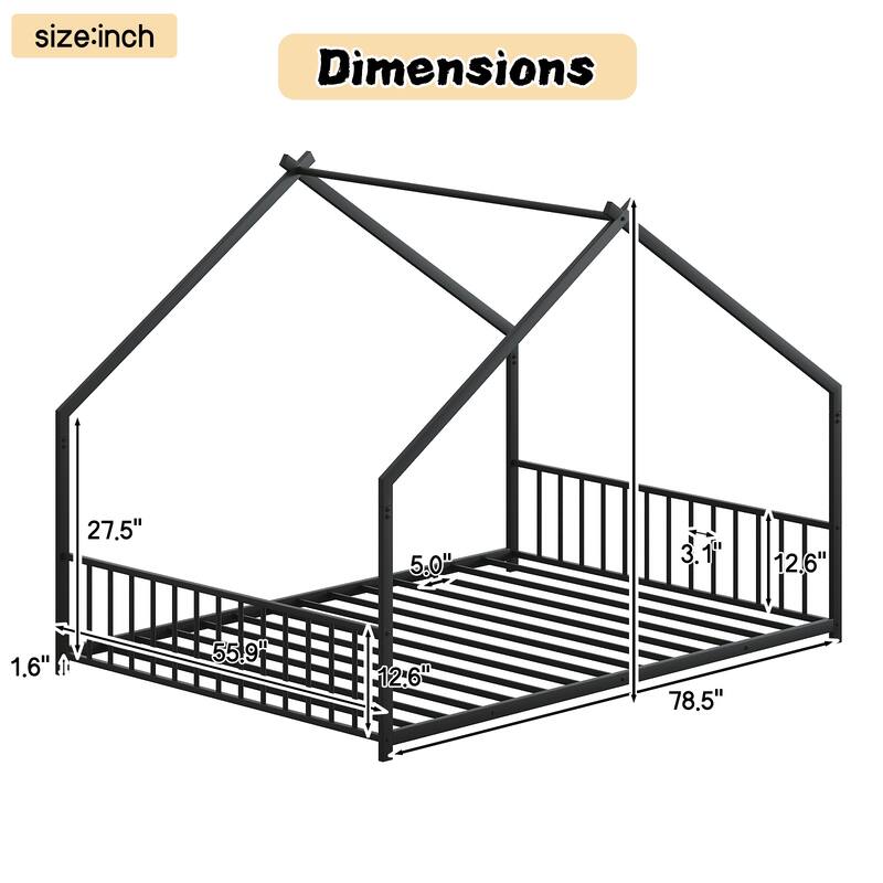 Full size children's bed frame with LED light strips, Roof-shaped iron frame bed