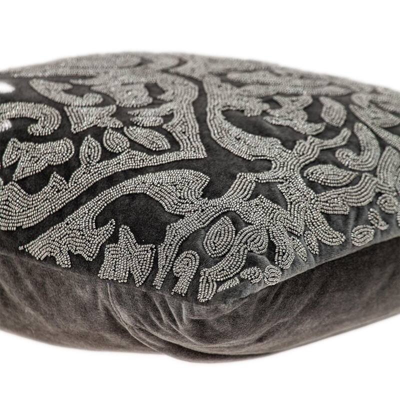 HomeRoots 18" Gray and Silver Damask Velvet Throw Pillow With Beads