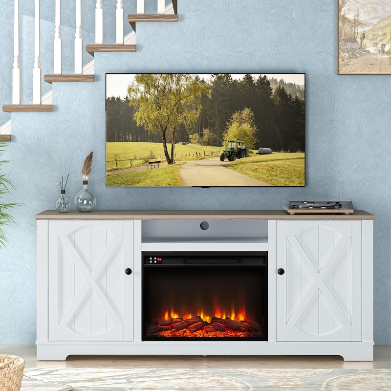 70" Farmhouse TV Stand with Fireplace, Fits up to 75" TV - 70"W x 30"H x 14.5"D - Grayish-white