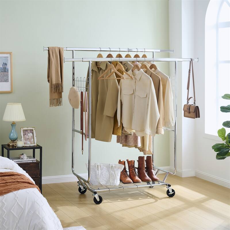 Double Clothing Garment Rack with Shelves, Wheels Rolling