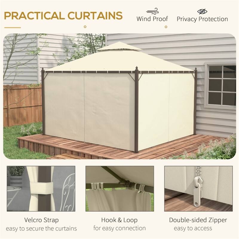 Dark Coffee Outdoor Gazebo with Beige Polyester Curtains Powder-Coated Steel Frame Two Tier Ventilated Canopy Patio Garden
