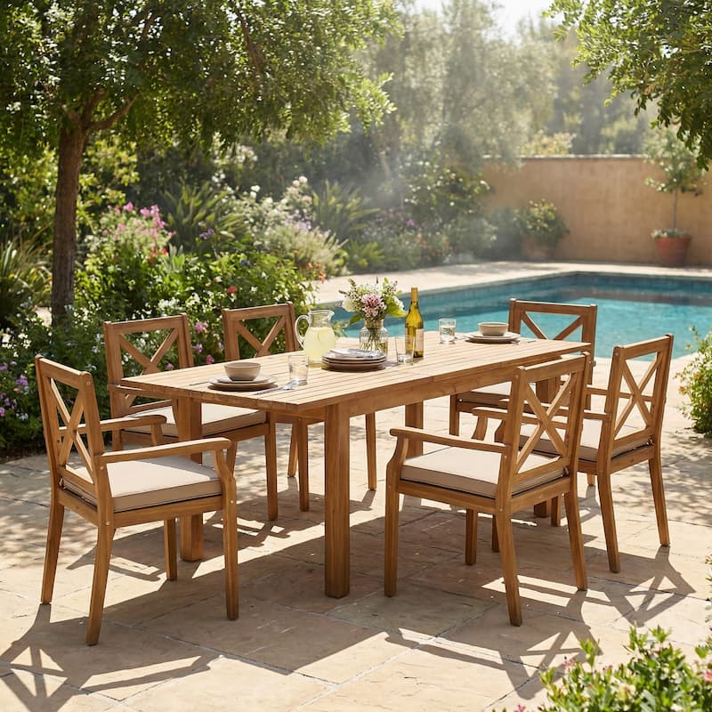 Christopher Knight Home - Modern 7-Piece Solid Acacia Wood Extendable Outdoor Dining Set with Cream Cushioned Chairs - Beige + Teak