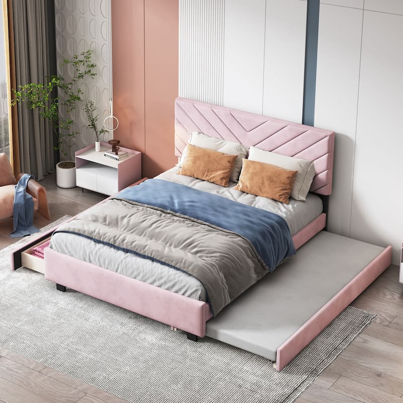 Queen Size Upholstered Platform Bed with Twill Headboard
