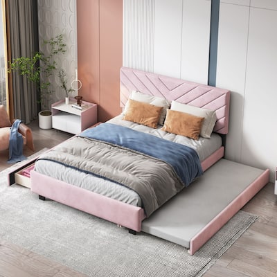 Queen Size Upholstered Platform Bed with Twill Headboard
