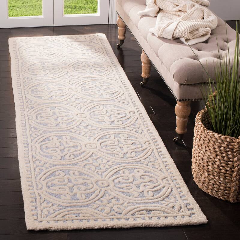 SAFAVIEH Handmade Cambridge Myrtis Moroccan Wool Rug - 2'6" x 14' Runner - Light Blue/Ivory