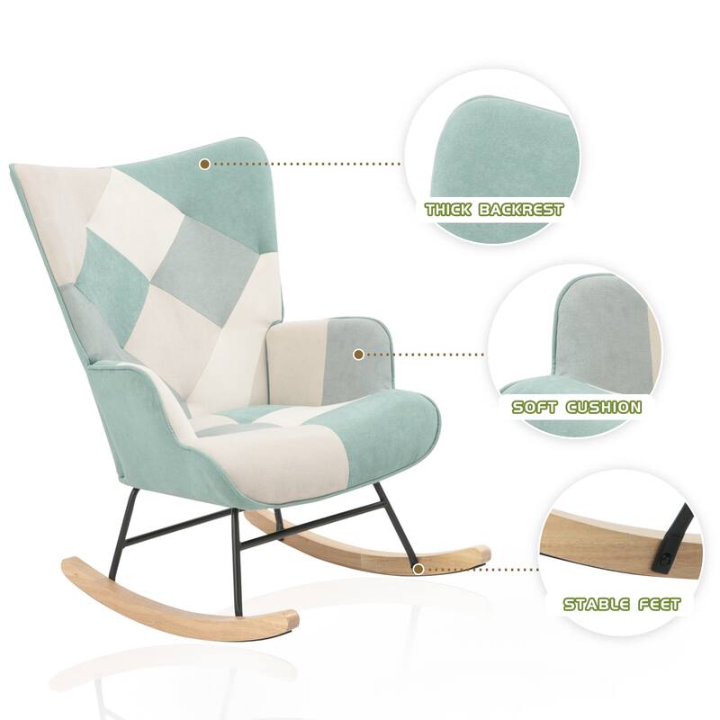 Fabric Rocking Chair with Wood Legs, High Back Lounge Chair with Armrest, Glider Chairs with Thick Padded Seat