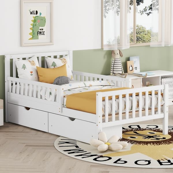 slide 2 of 9, Twin Size Wood Platform Bed with Guardrails on Both Sides and Two Storage Drawers, White White