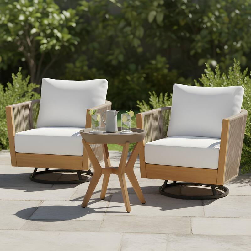 Outdoor Acacia Wood Rope Swivel Lounge Chair with Cushion and Concrete-Acacia Side Table