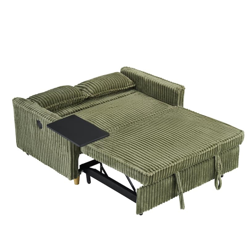 Anmytek Green Corduroy Multi-Functional Sliding Sofa with Mobile Tabletop USB Ports for Living Room Bedroom