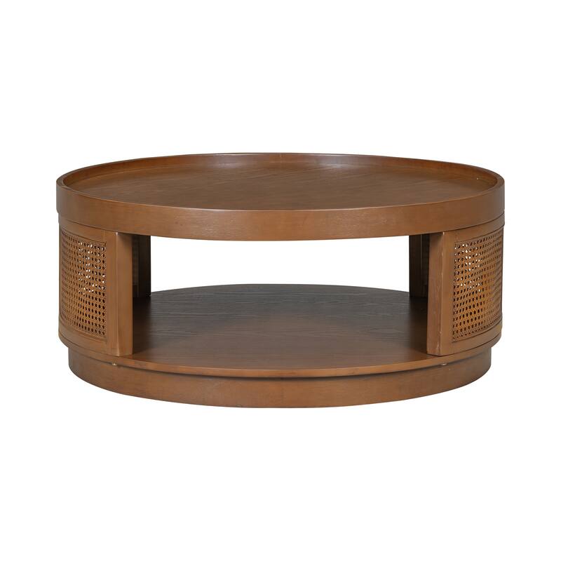 36.8" Wooden Mid-Century Modern Coffee Table with Storage, Round Cane Coffee Table with PE Rattan Side for Living Room