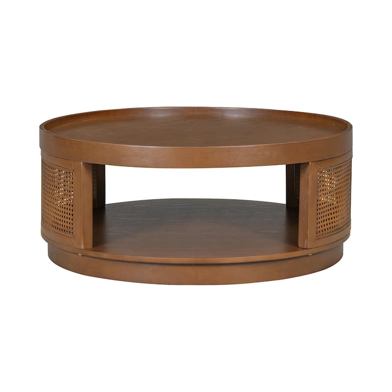 36.8'' Wooden Mid-Century Modern Coffee Table, Round Cane Coffee Table with PE Rattan Side