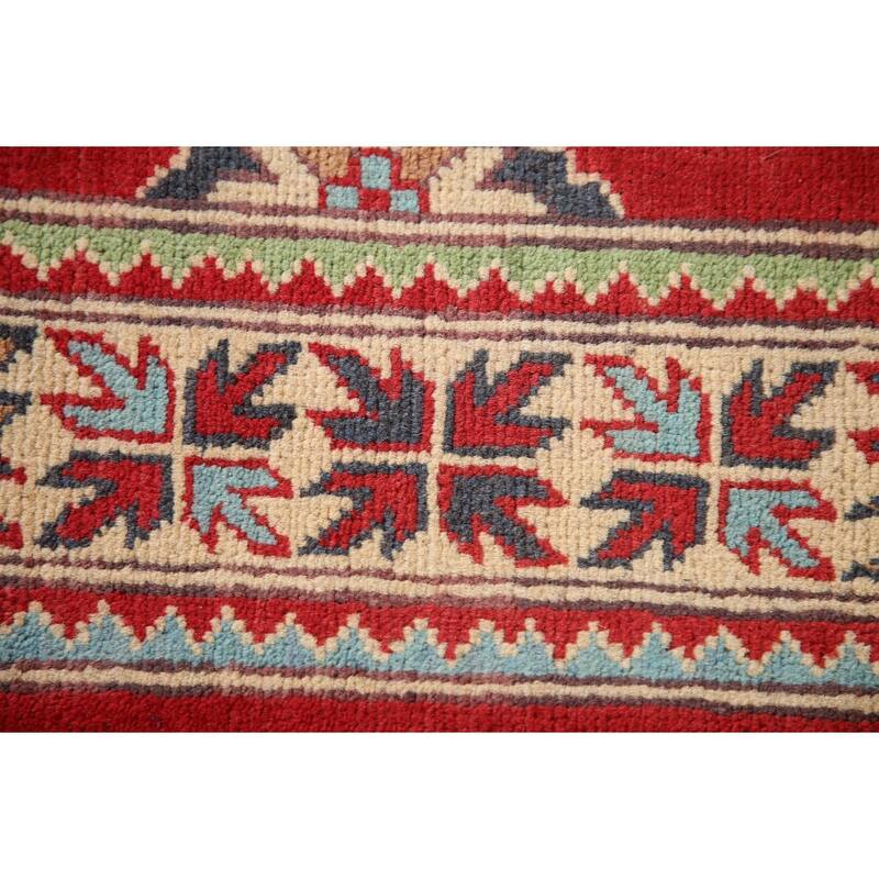 Geometric Red Kazak Rug Hand-Knotted Traditional Bedroom Wool Carpet - 3'4"x 4'10"