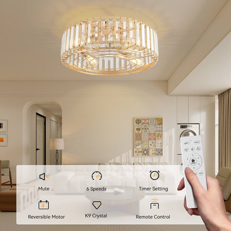 20 in. Indoor Gold Crystal Ceiling Fan with Light, Mid Century Gold Fandelier with Remote Control, 6 Speeds for Bedroom