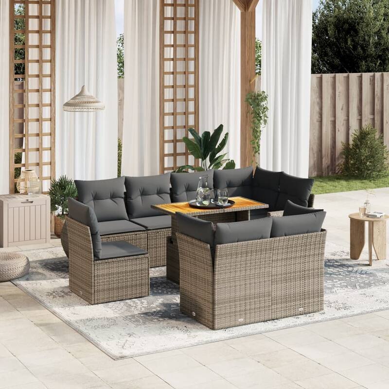 vidaXL Patio Sofa Set with Cushions Lounge Table and Sofas 9 Piece Poly Rattan - 21.7 x 39.4 x 28.7 - Grey