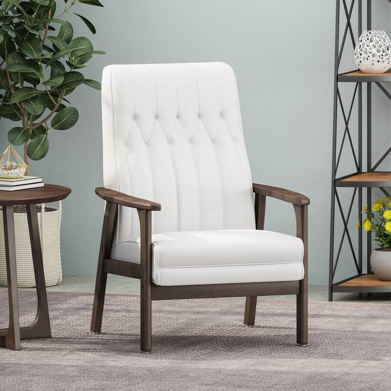 Mid Century Modern 25.75" High Back Faux Leather Upholstered Button Tufted Accent Chair with Rubber Wood Legs - White