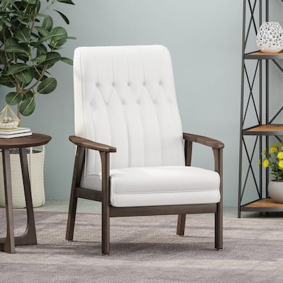 Mid Century Modern 25.75" High Back Faux Leather Upholstered Button Tufted Accent Chair with Rubber Wood Legs