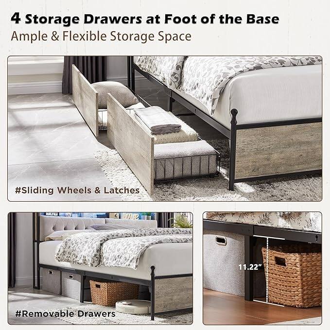 Queen Size Bed Frame with LED Lights, Charging Station and 4 Drawers