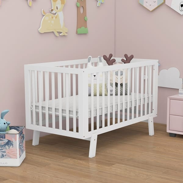 slide 2 of 9, Gymax Wooden Baby Crib 3-Height Adjustable Wood Mini Crib Non-Toxic White - Toddler