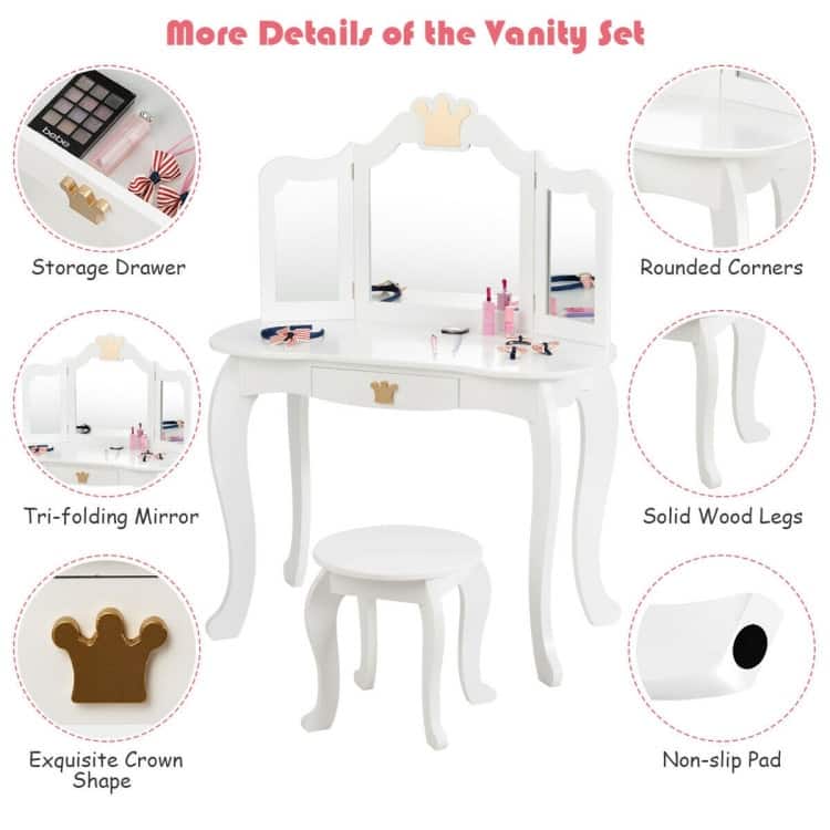 Youth Vanity Set with Tri-Folding Mirror and Stool for Makeup and Play - 12" x 12" x 12.5" (L x W x H)