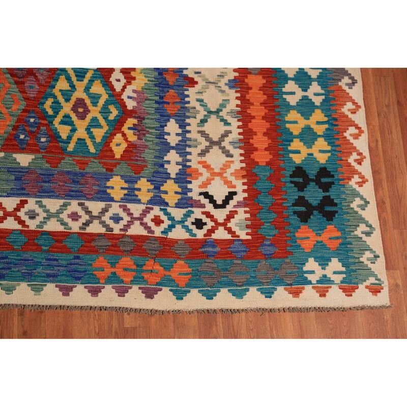 All-Over Geometric Kilim Oriental Large Rug Hand-Woven Wool Carpet - 10'6"x 16'3"