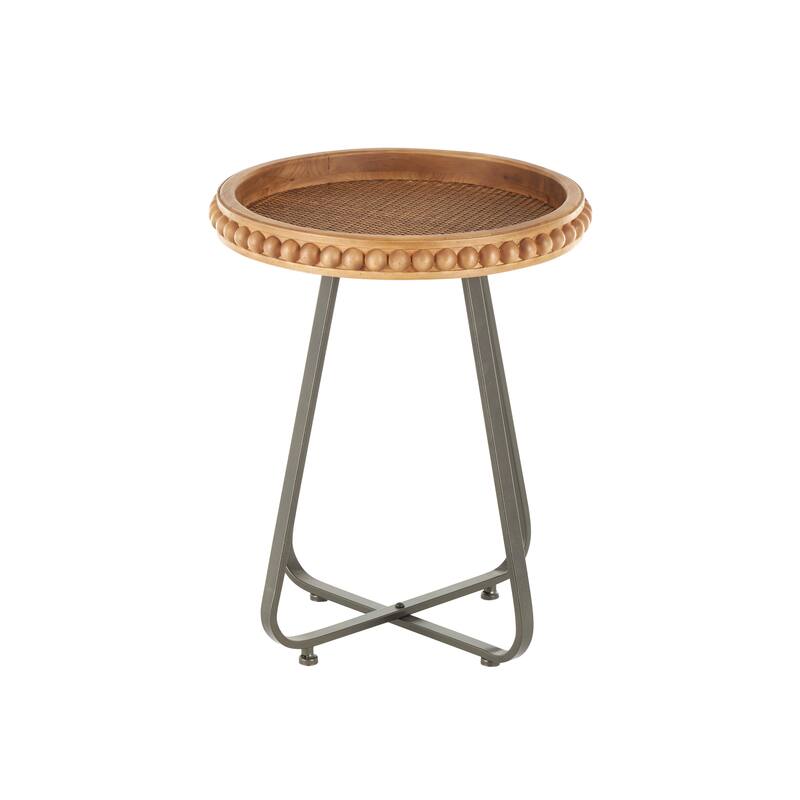 Brown Wood Beaded Side End Accent Table with Rounded Gray Metal Base and Rattan Accent