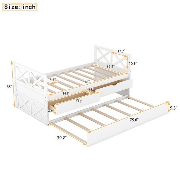 White Daybed with Storage Drawers and Timber-framed Trundle Base