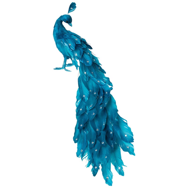 Peacock Glittered with Faux Crystals Christmas Decoration - 24" - Blue
