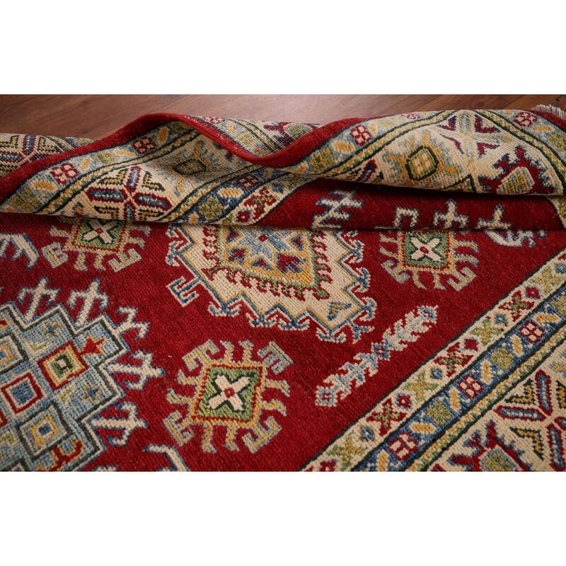 Red Geometric Kazak Foyer Rug Handmade Wool Carpet - 3'3" x 5'0"