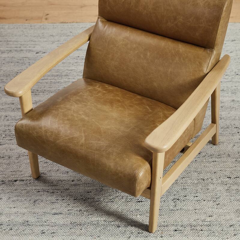 Modern Genuine Leather Accent Armchair with Natural Solid Wood Frame