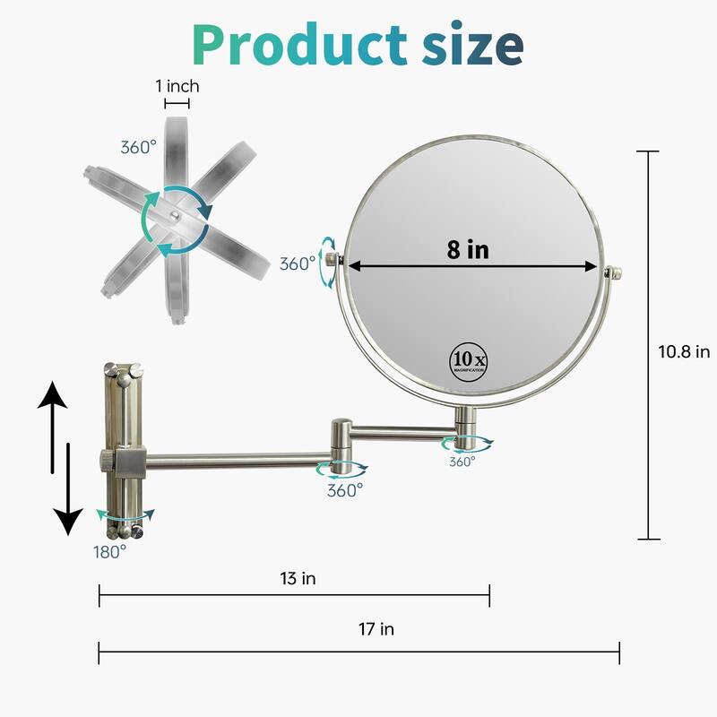 8 inch Wall Mounted Round Frame Makeup Mirror, 1X/10X Magnifying, Height Adjustable