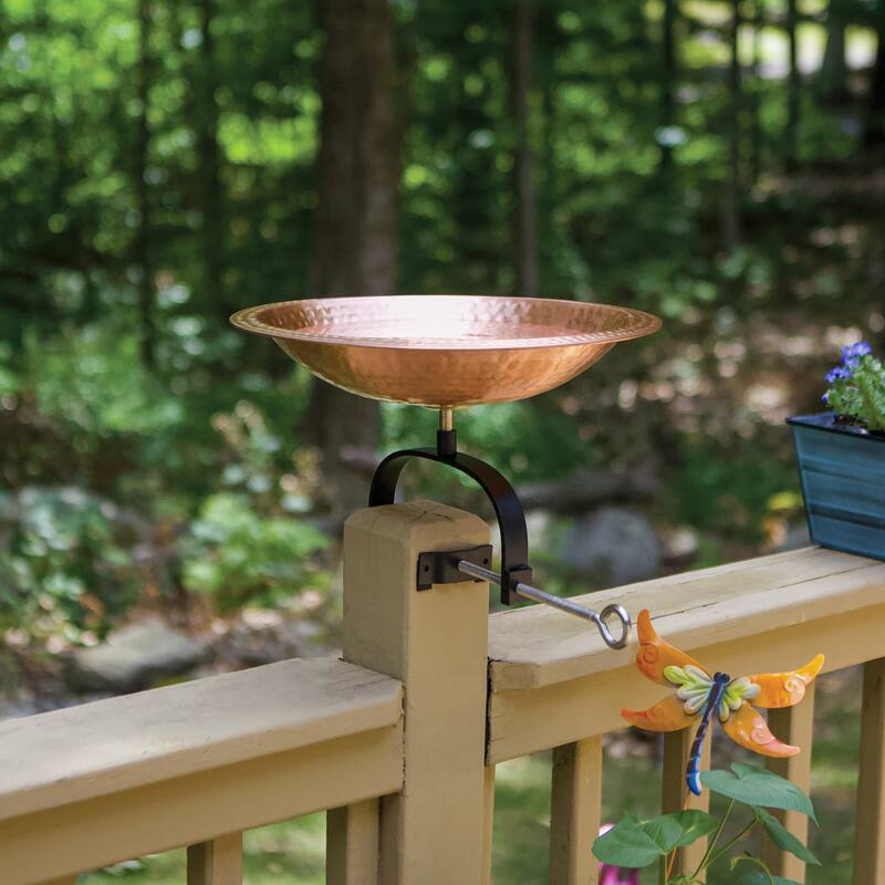 Achla Designs 16"L Round Satin Copper Hammered Birdbath w/ Wrought Iron Over Rail Bracket