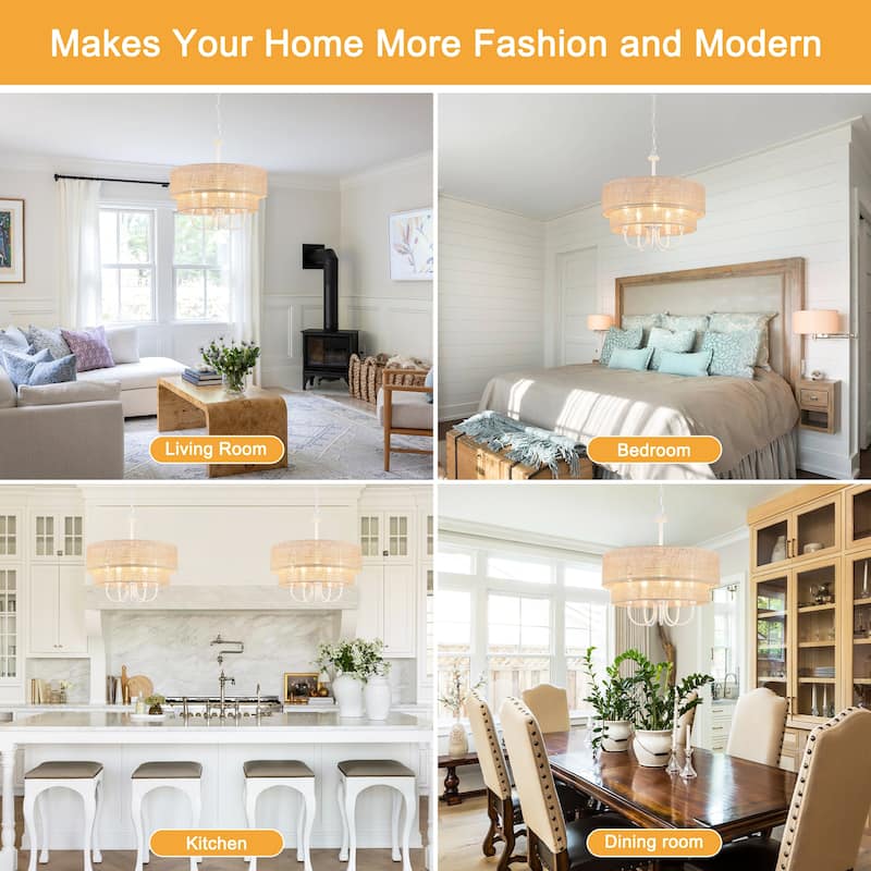18.1-in 5-Light Farmhouse Rattan Pendant Light with 2-Tier Hand-Woven Drum Shade for multiple rooms