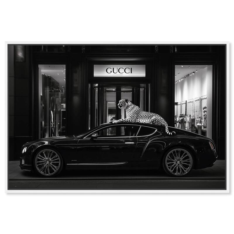 Cheetah and Sports Car Store Canvas by Art Remedy - White - 45" x 30"