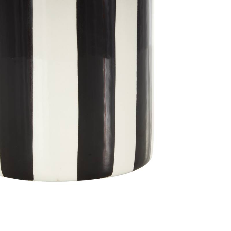 White Ceramic Round Decorative Vase with Blue or Black Vertical Stripes