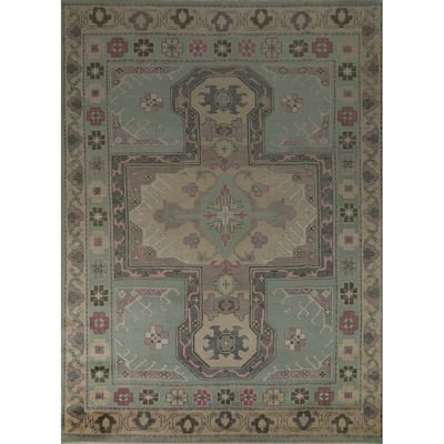 Green Geometric Oushak Indian Area Rug Hand-Knotted Wool Carpet - 7'6" x 10'0"