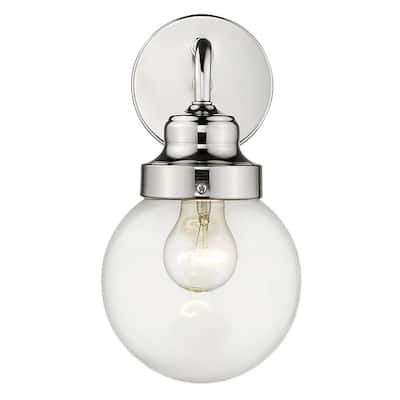 Modern Silver Wall Sconce with Clear Globe Shade and LED Compatible Steel Fixture Damp Rated - 11"H x 6"W x 7"D