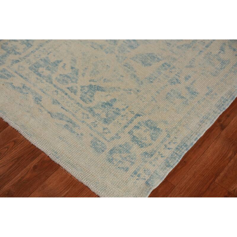 Hand Knotted Oriental 100% Wool Carpet Transitional Geometric Navy Blue & Blues Oushak Runner Rug - 16' 8'' X 3' 2''