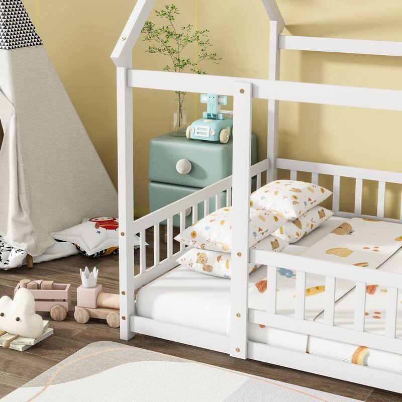 Full Size Wooden House Floor Bed with Roof Frame and Safety Guardrails, White