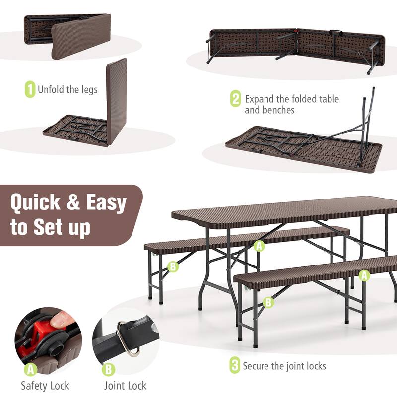 Gymax 3 Piece Folding Picnic Table Set w/ 6 ft Table & 2 Benches for