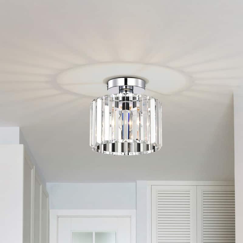 Karnah 9-inch Chrome Semi-Flushmount Ceiling Light with Crystal Prism Rods Drum Shade