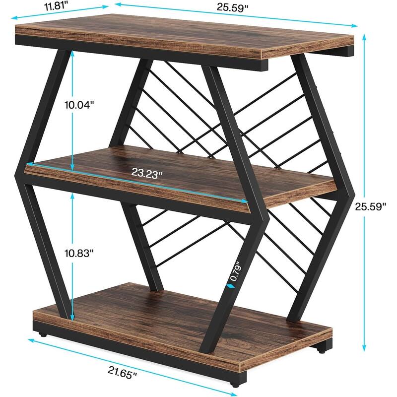 25.6" Industrial 3-Tier End Table, Wood and Metal Side Table