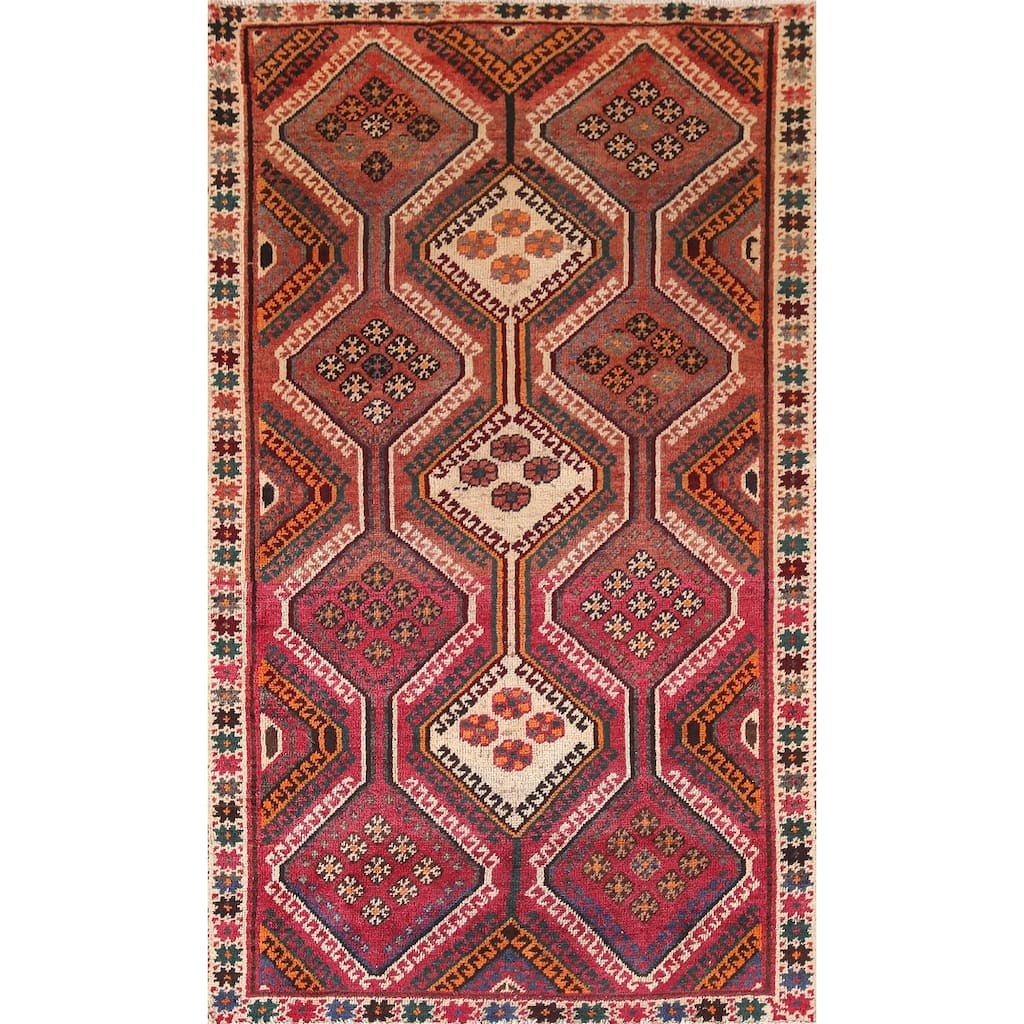 Geometric Bakhtiari Persian Vintage Area Rug Hand-knotted Wool Carpet - 4'2"x 7'3"