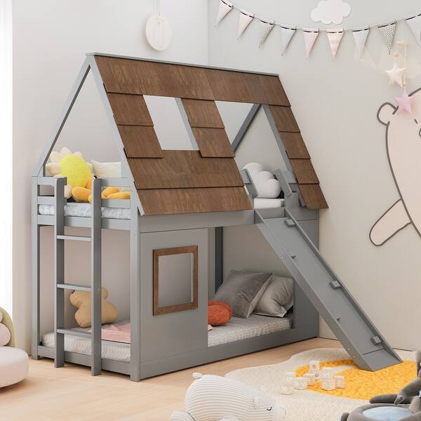 slide 2 of 8, Twin over Twin House Bunk Bed With Window Roof,Ladder and Climbing Ramp Brown+Grey