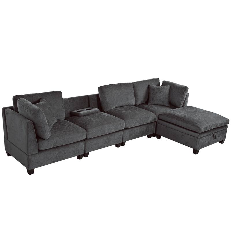 Upholstered Modular Sofa Tufted Couch with Removable Storage Ottoman and 2 Hidden Cup Holders, Sectional Sofa Living Room