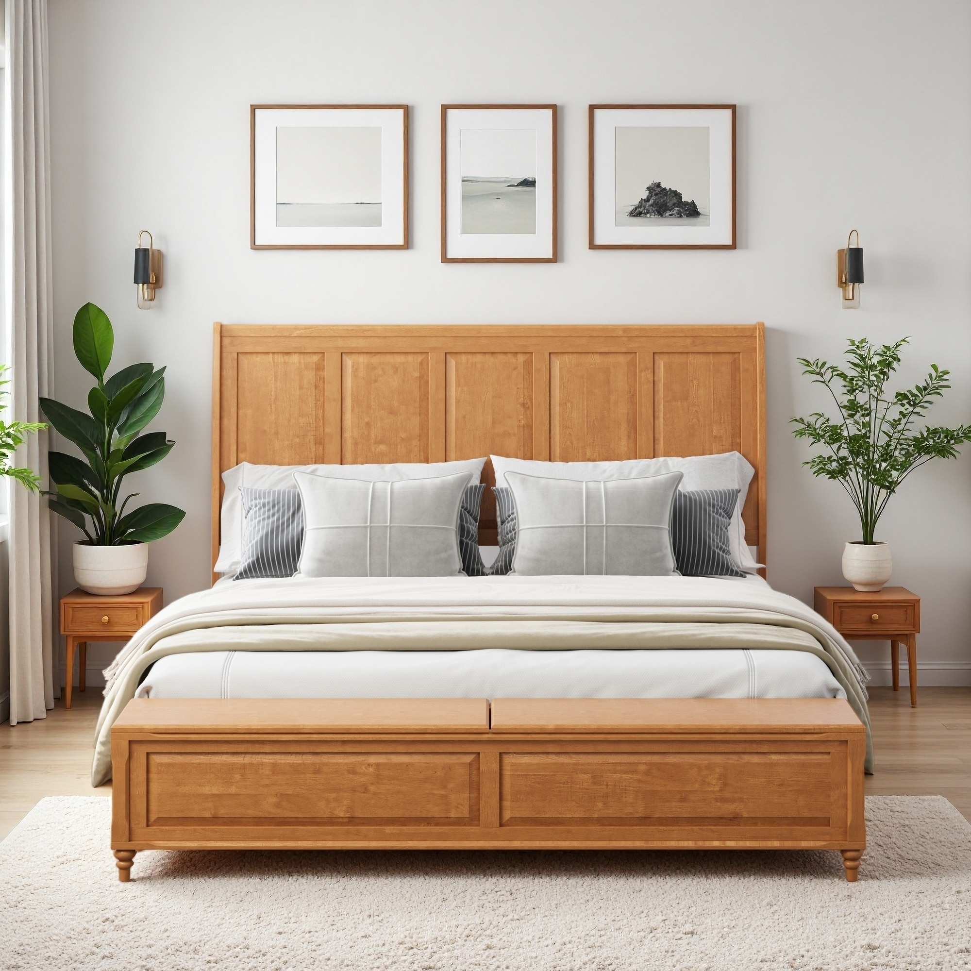 Solid Wood Sleigh Bed with Tall Headboard, Storage Bench, and No Box Spring Needed