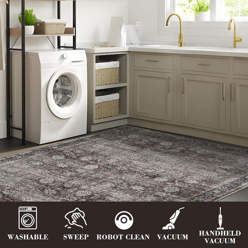 Area Rug Vintage Washable Floral Distressed Living Room Rugs, Soft Low Pile Non-Slip Rugs for Bedroom