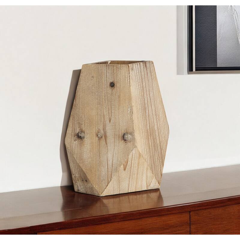 HomeRoots 9" Natural Abstract Cylinder Solid Wood Table Vase - 6" W x 11" H x 11" D