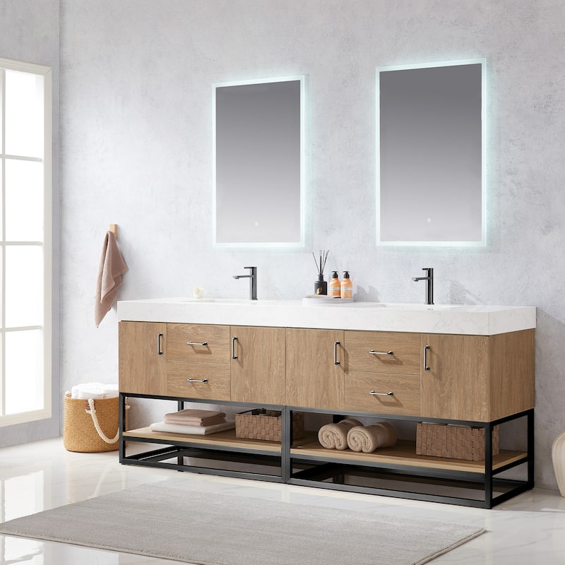 Alistair 84" Double Vanity with White Grain Stone Top and Mirror - 84" x 22"