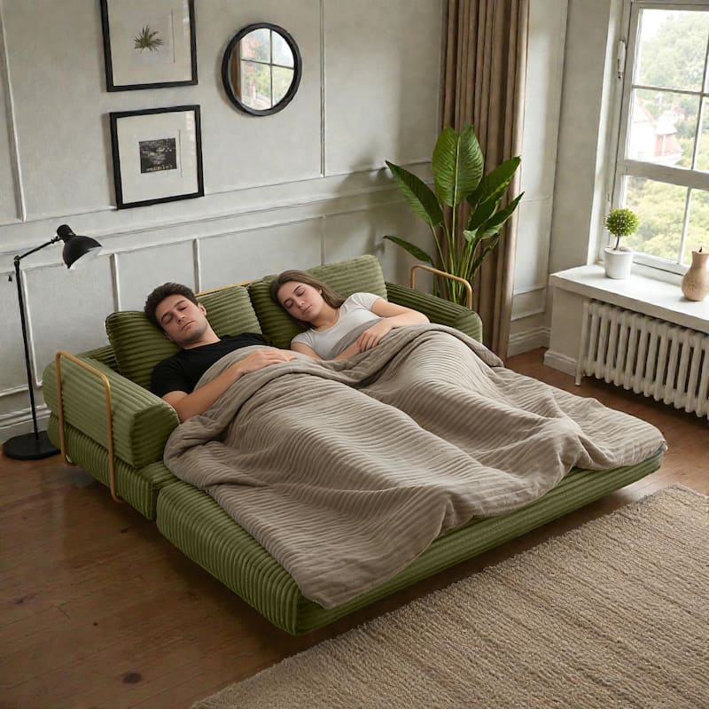 Convertible Sofa Bed Futon, Corduroy Folding Floor Couch with Pillows, Boneless Sleeper Mattress for Living Room